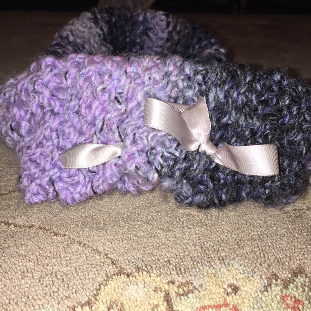 Hand made scarf purple and black with a gray bow